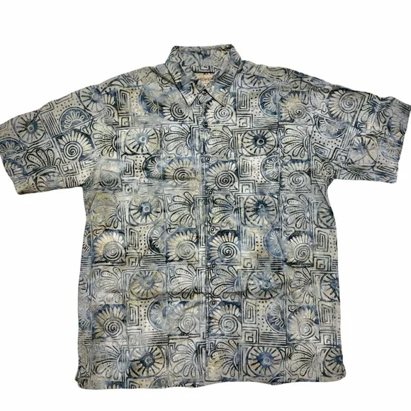 Johari West Batik Hawaiian Shirt Men's Large Blue 100% Cotton Short Sleeve Beach - Picture 2 of 8